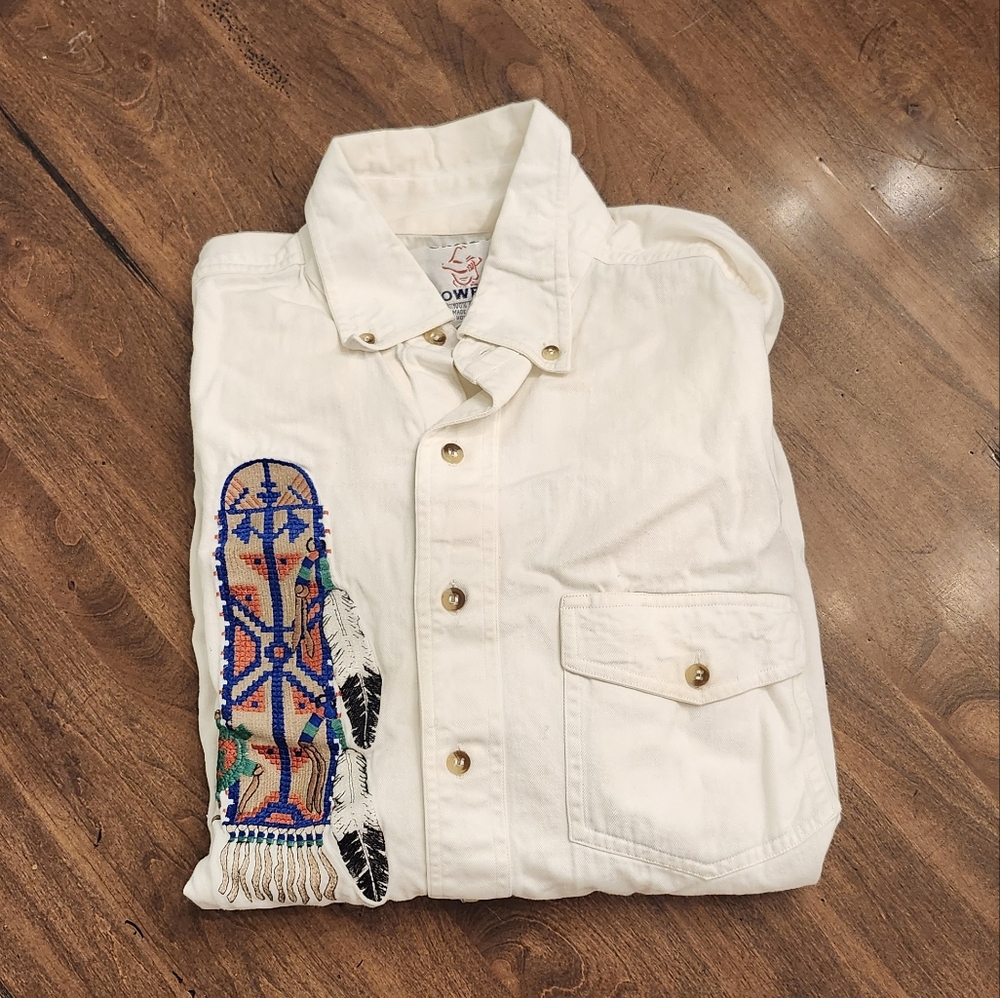 Crazy Cowboy Mens Sz L Collared Shirt with Colorful Embroidery